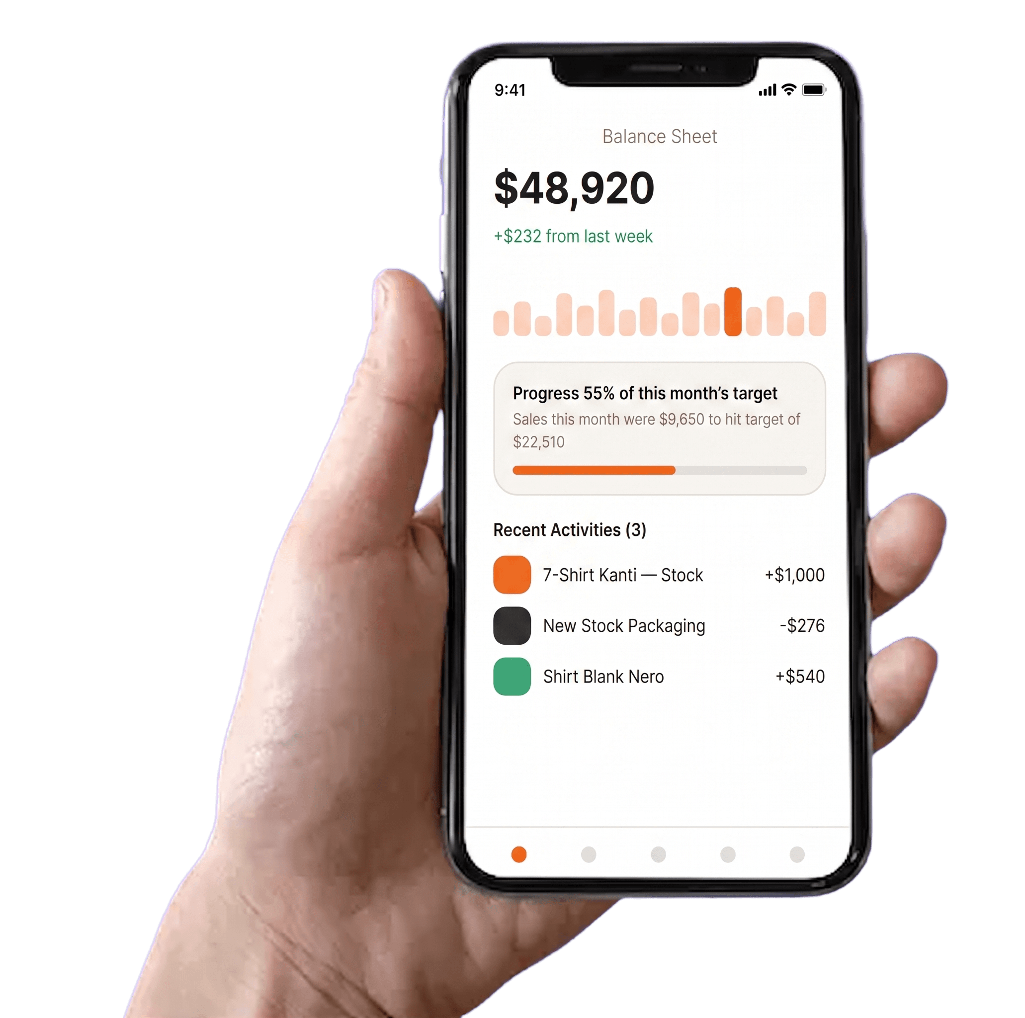 A hand holding a phone showing the Clarva balance sheet dashboard